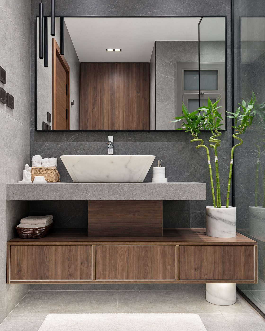 Bathroom with walnut vanity